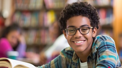 Happy student reading a book in a library