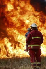 Naklejka premium Brave firefighter heroically rescuing a child from a burning house engulfed in flames