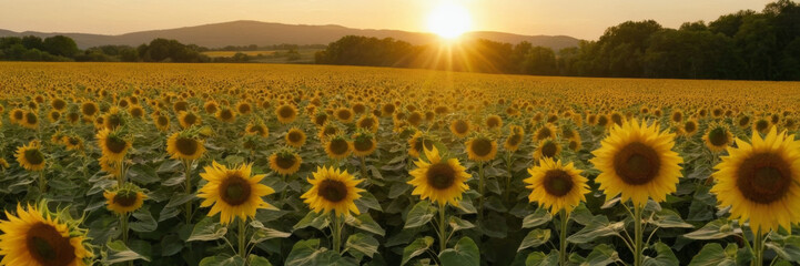 Fototapeta premium A picturesque sunflower field in full bloom with the sun shining brightly overhead.