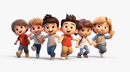 Group of 3D cartoon character cute student kids boy dancing, isolated on white and transparent background