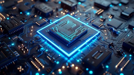 Fototapeta premium A chip with blue lighting on the surface, surrounded by circuit board patterns and text