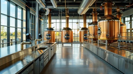 High-tech brewery tours with digital guides and sleek design, in a modern facility, emphasizing education and engagement. 