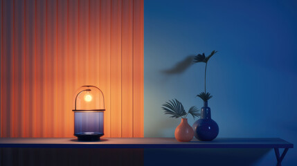 Modern minimalistic still life with vase and bowl on shelf, dark blue and coral background