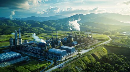 A BECCS facility combining bioenergy production with carbon capture, with advanced machinery and a futuristic design, set in a lush, green landscape.