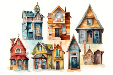 Fototapeta premium Set of colorful cartoon houses with whimsical fairytale design