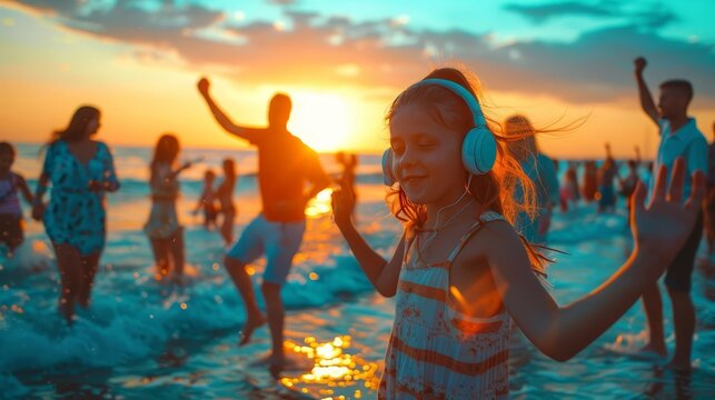 A silent disco on the beach with family members dancing to their favorite holiday tunes