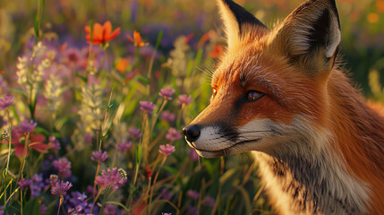 Fototapeta premium A close-up of a fox in a field of wildflowers