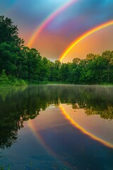 Naklejka premium Stunning Double Rainbow Over Serene Forest Lake at Sunset with Vibrant Colors and Reflective Water