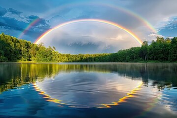Naklejka premium Stunning Double Rainbow Over Serene Lake with Forest Reflections and Dramatic Sky