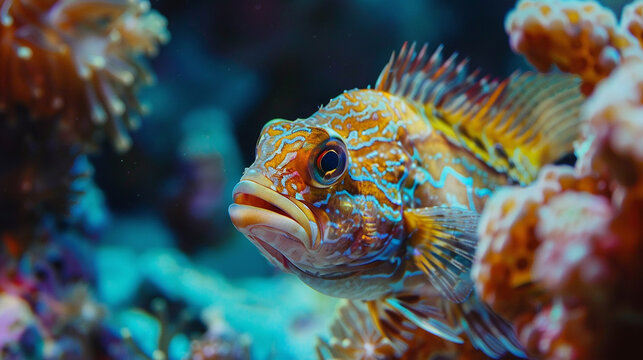 A close-up of a vibrant fish in a coral reef