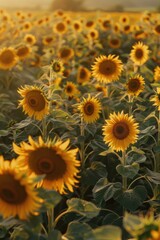 Fototapeta premium Golden Sunflower Field at Sunset with Warm Sunlight and Vibrant Yellow Blooms
