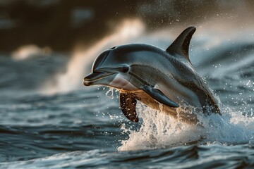 Fototapeta premium Playful Dolphin Leaping Out of the Ocean at Sunset with Splashing Water