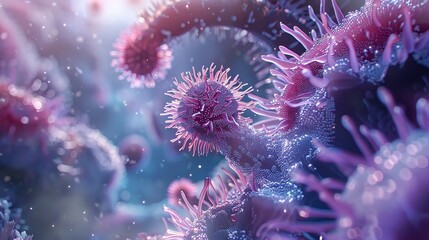 Fototapeta premium Virus close-up, Bacterial cell close-up, depth of field, natural, serene beauty, masterpiece, best quality, advanced, extremely detailed CG, perfect lighting, 8k wallpaper, 