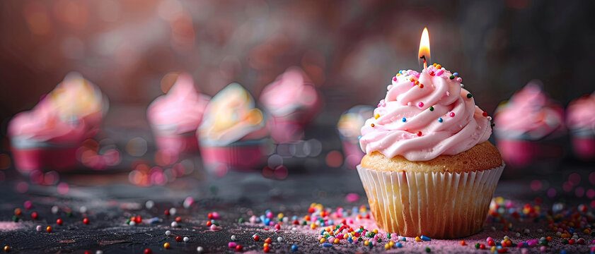 Cupcake in birthday concept with candles, Happy Birthday cake  