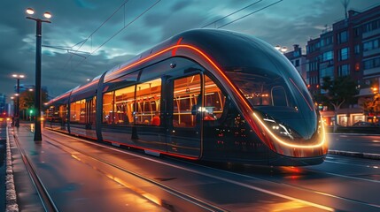 A futuristic public transportation system powered by renewable energy, with sleek, modern vehicles and advanced infrastructure, emphasizing emission reduction. 