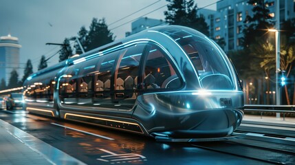 Fototapeta premium A futuristic public transportation system powered by renewable energy, with sleek, modern vehicles and advanced infrastructure, emphasizing emission reduction. 