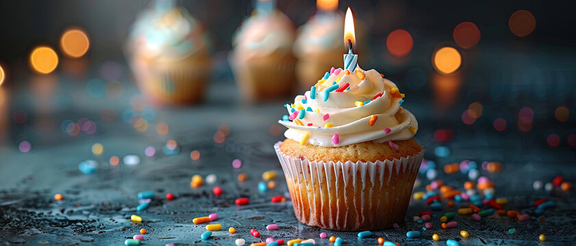Cupcake in birthday concept with candles, Happy Birthday cake  