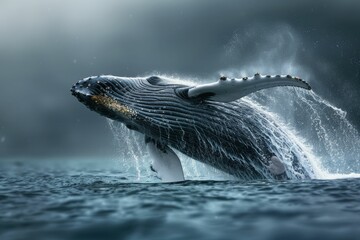 Fototapeta premium Majestic Humpback Whale Breaching the Ocean Surface in a Dramatic Display of Power and Grace