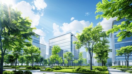 Modern city implements sustainable green building practices and encourages corporate buildings to reduce CO2 emissions by adopting eco friendly and green architecture