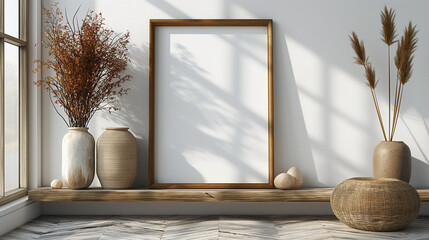 vertical frame mockup above a floating shelf on a white background in a minimalist room.