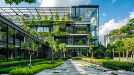 Modern city implements sustainable green building practices and encourages corporate buildings to reduce CO2 emissions by adopting eco friendly and green architecture