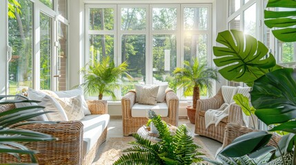 A bright and airy sunroom with floor-to-ceiling windows, comfortable rattan furniture, and lush green plants.