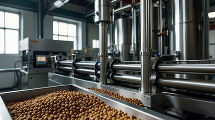 Close-up view of an automated production line for dry pet food, showcasing machinery precision and kibble quality control.