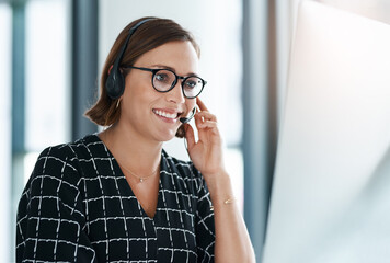 Computer, call center and happy woman listening for customer support, service and help desk....