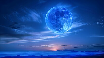 Amazing scenery of blue glowing moon in dark blue sky with clouds at night. 