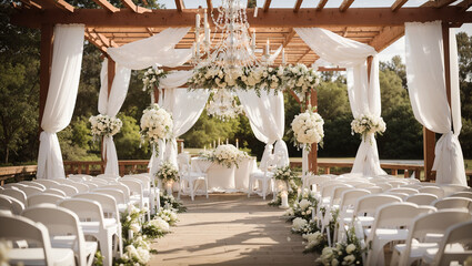 The image shows an outdoor wedding ceremony setup with white chairs, a wooden platform, white flowers, and a chandelier.

