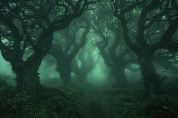 Mystical Foggy Forest with Twisted Trees and Dense Greenery Creating an Enchanting and Eerie Atmosphere