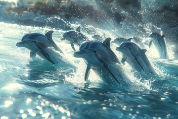 Fototapeta premium Playful Dolphins Leaping Through Sparkling Ocean Waves in a Sunlit Seascape