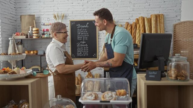 Woman and man smiling and shaking hands in bakery with pastries and bread in background showcasing teamwork and partnership indoors.
