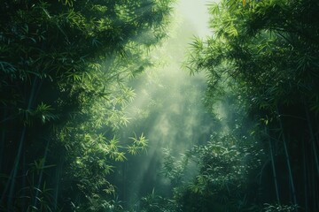 Sunlight Filtering Through Lush Green Bamboo Forest Creating a Serene and Mystical Atmosphere
