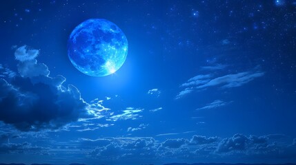 Amazing scenery of blue glowing moon in dark blue sky with clouds at night. 