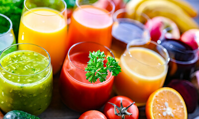 Glasses with fresh organic vegetable and fruit juices