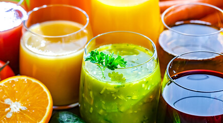 Glasses with fresh organic vegetable and fruit juices