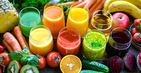 Glasses with fresh organic vegetable and fruit juices