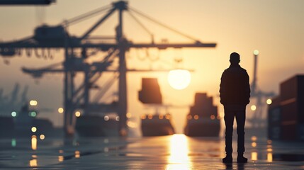 Fototapeta premium The silhouette of a logistics manager stands against a backdrop of a busy transportation hub, with cargo containers and trucks in the background, symbolizing efficient operations in the logistics