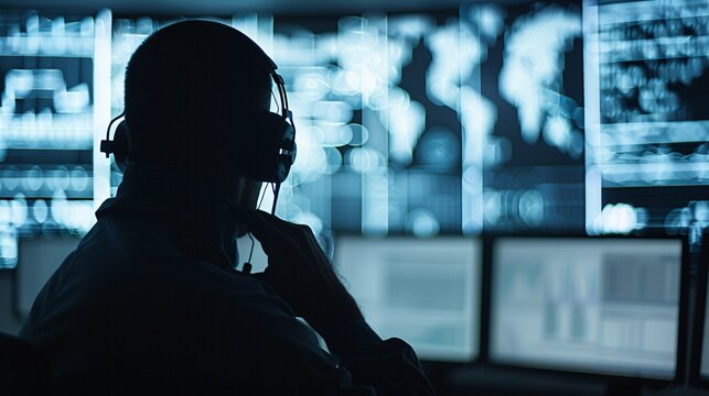 Silhouetted against a high-tech operations center, a logistics professional uses a digital interface to manage transportation routes and schedules.