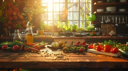 Wide long wooden table top overlooking a cozy kitchen filled with various vegetables and cooking ingredients