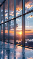 Fototapeta premium Beautiful sunset over the city seen through large floor-to-ceiling windows in an empty modern office building