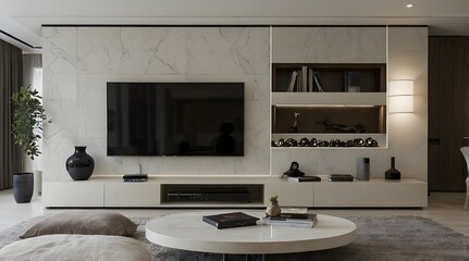 modern and minimal living room interior design, TV wall design, contemporary interior design, 3D render, cinematic lighting
