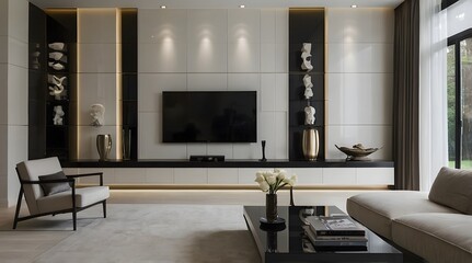 modern and minimal living room interior design, TV wall design, contemporary interior design, 3D render, cinematic lighting