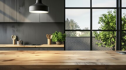 Modern empty wooden table top in a sleek kitchen for product display with a spotlight hanging above