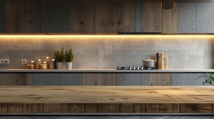 Modern kitchen with an empty wooden table top ready for product display