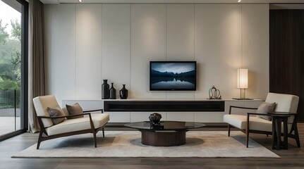 modern and minimal living room interior design, TV wall design, contemporary interior design, 3D render, cinematic lighting