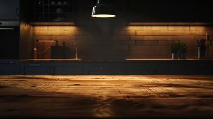 Stylish empty wooden table top in a contemporary kitchen for product display, with a single spotlight