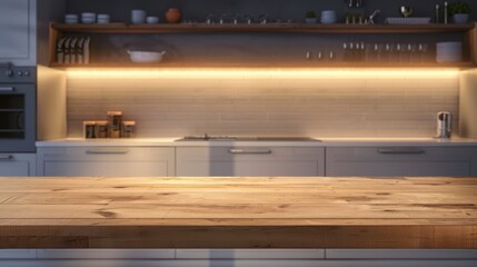 Contemporary kitchen with an empty wooden table top for product display, under a sleek spotlight