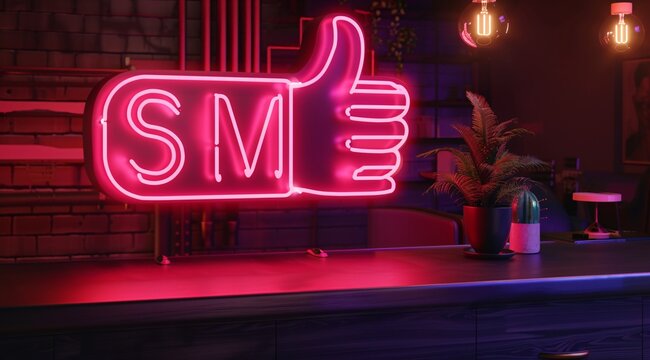 like symbol with sm written on it with pink led light in a office 